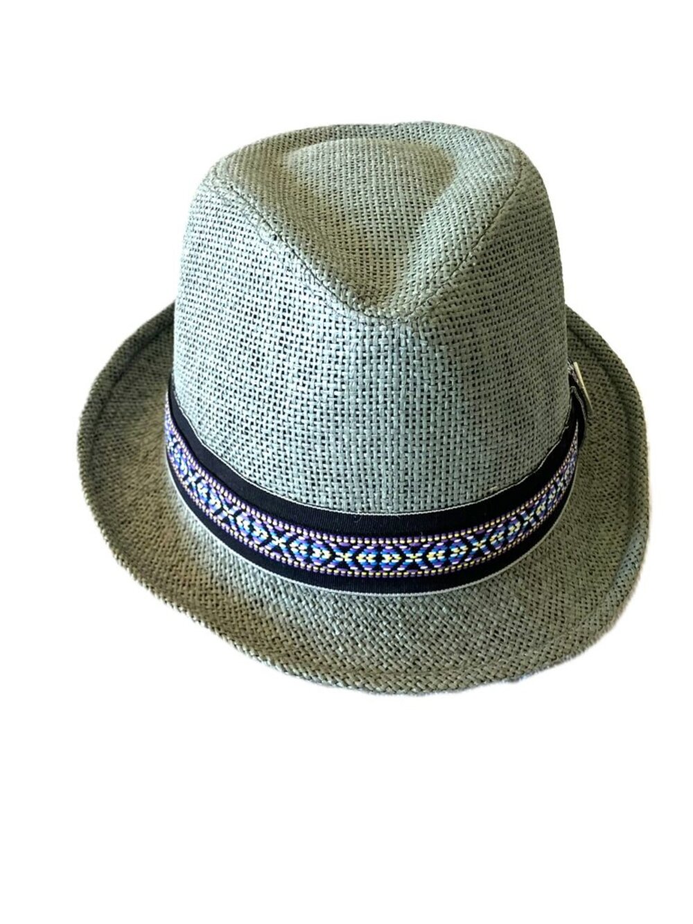 NWT Peter Grimm Grey Woven Fedora Straw Hat w/ Geometric Band